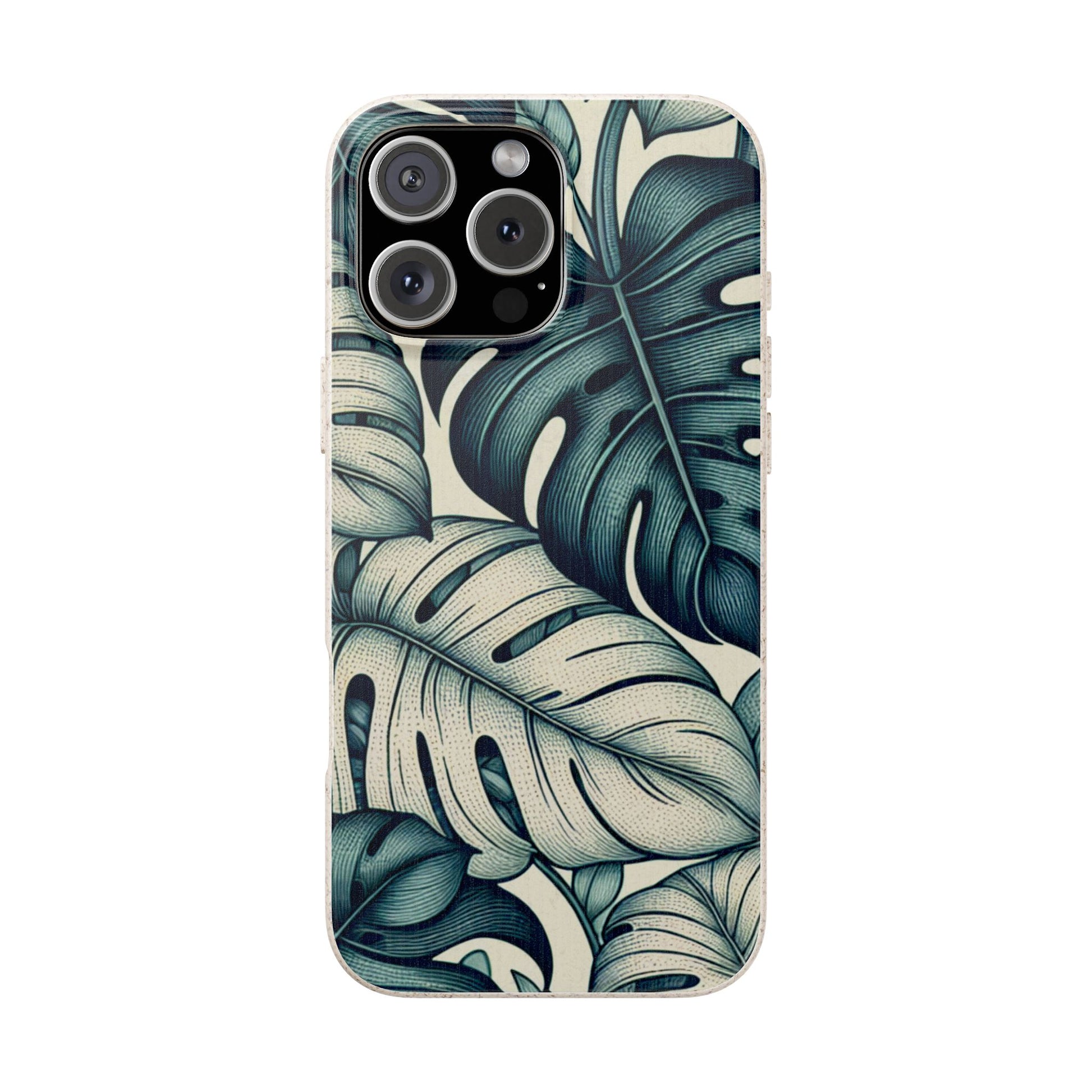 A full, straight-on view of an iPhone in a beige, speckled case with a teal and blue monstera leaf pattern. The case covers the entire back of the phone and features a cutout for the triple camera lens array in the top left corner.