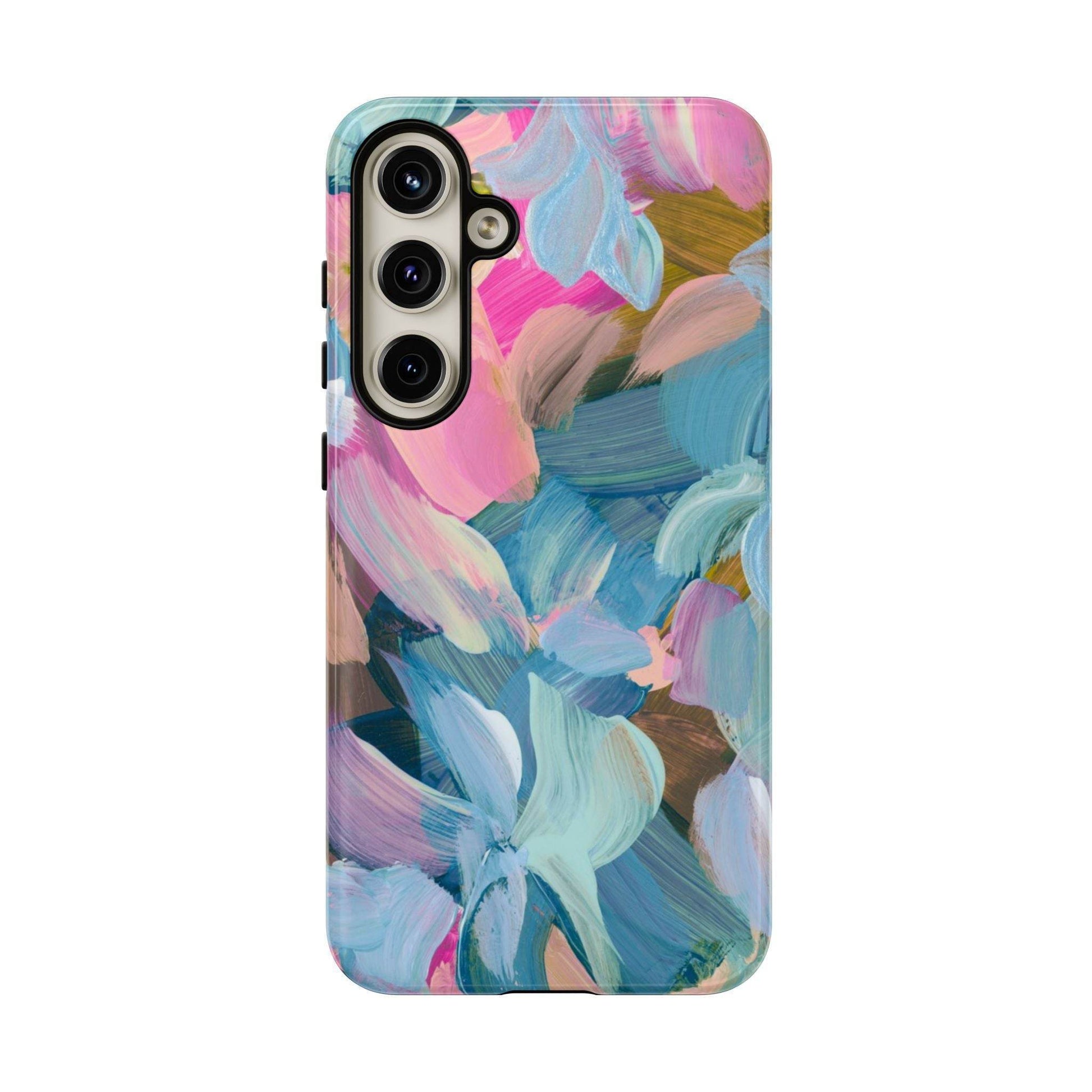 Abstract floral painting Samsung phone case featuring vibrant blue, pink, and green brush strokes for artistic style.