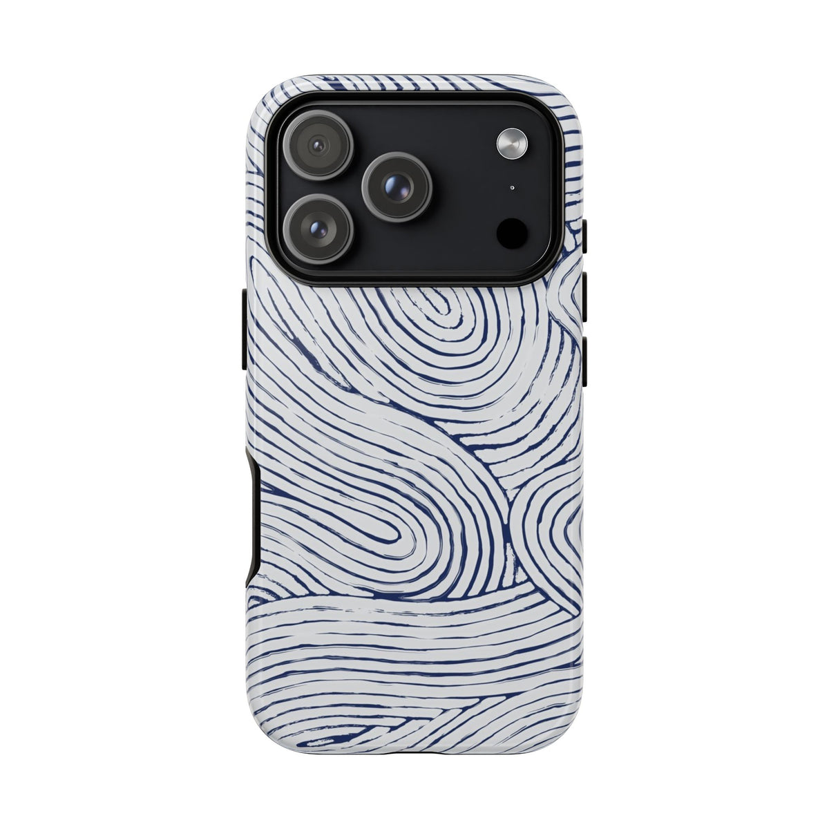Navy Line Tough iPhone 17 Pro Case with wave pattern on a white background