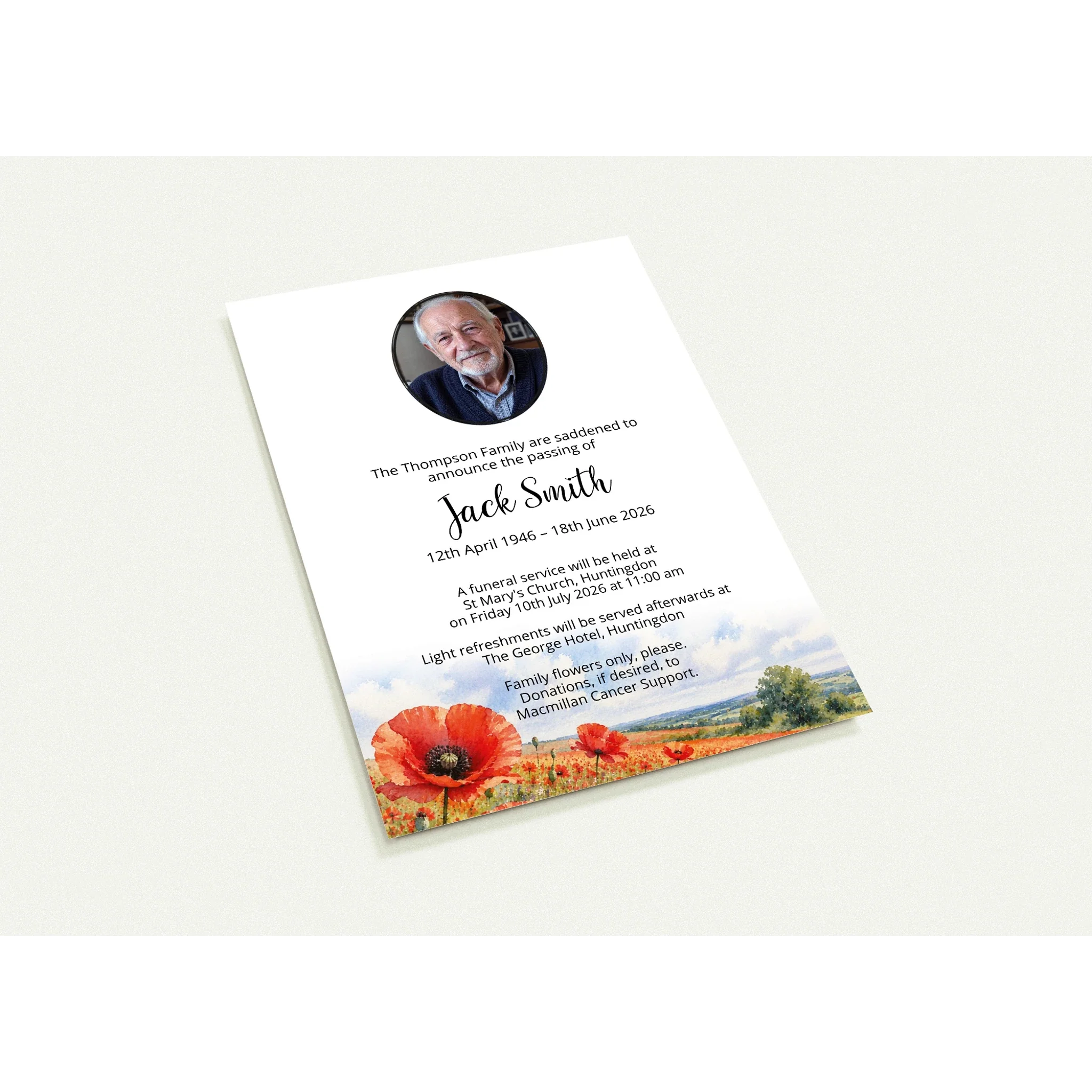 Funeral Invitation Cards printed on an A6 350gsm card with free envelopes.