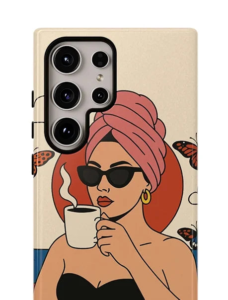samsung galaxy s24 ultra lady wearing sunglasses and drinking coffee phone case collections card