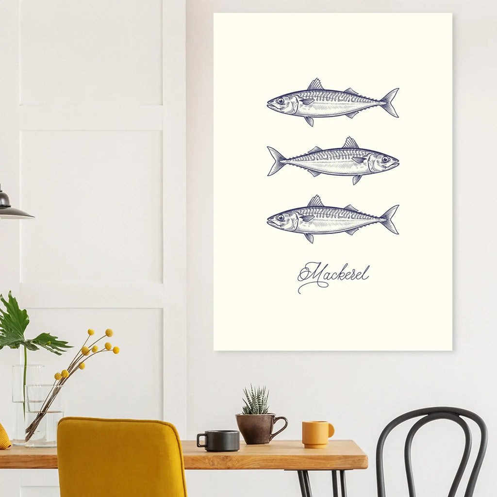 Framed artwork of fish illustrations on a wall above a table with decor items.