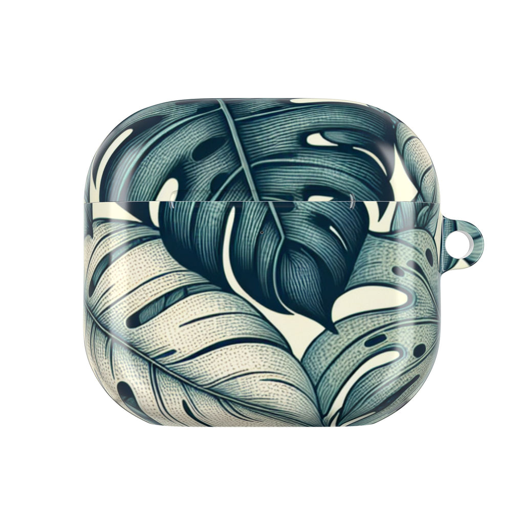 AirPods case with a tropical leaf pattern, featuring large, stylized green and cream monstera leaves. The case is closed.