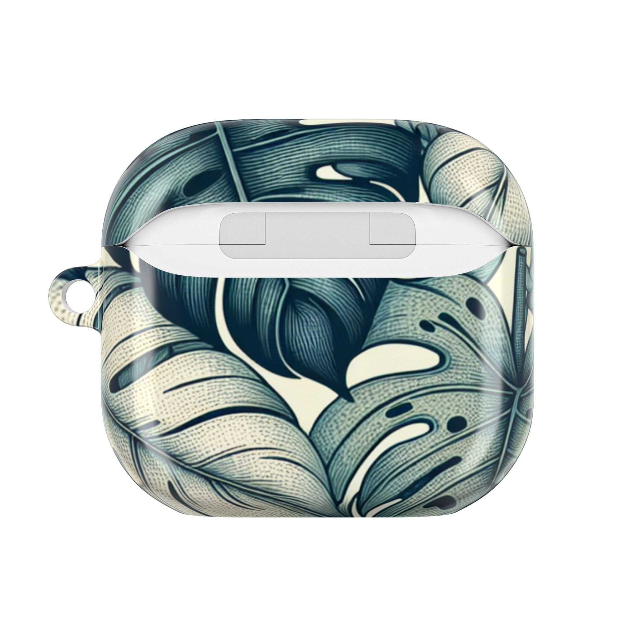 AirPods Pro case with a tropical leaf pattern, featuring large, stylized green and cream monstera leaves. The case is open and empty.