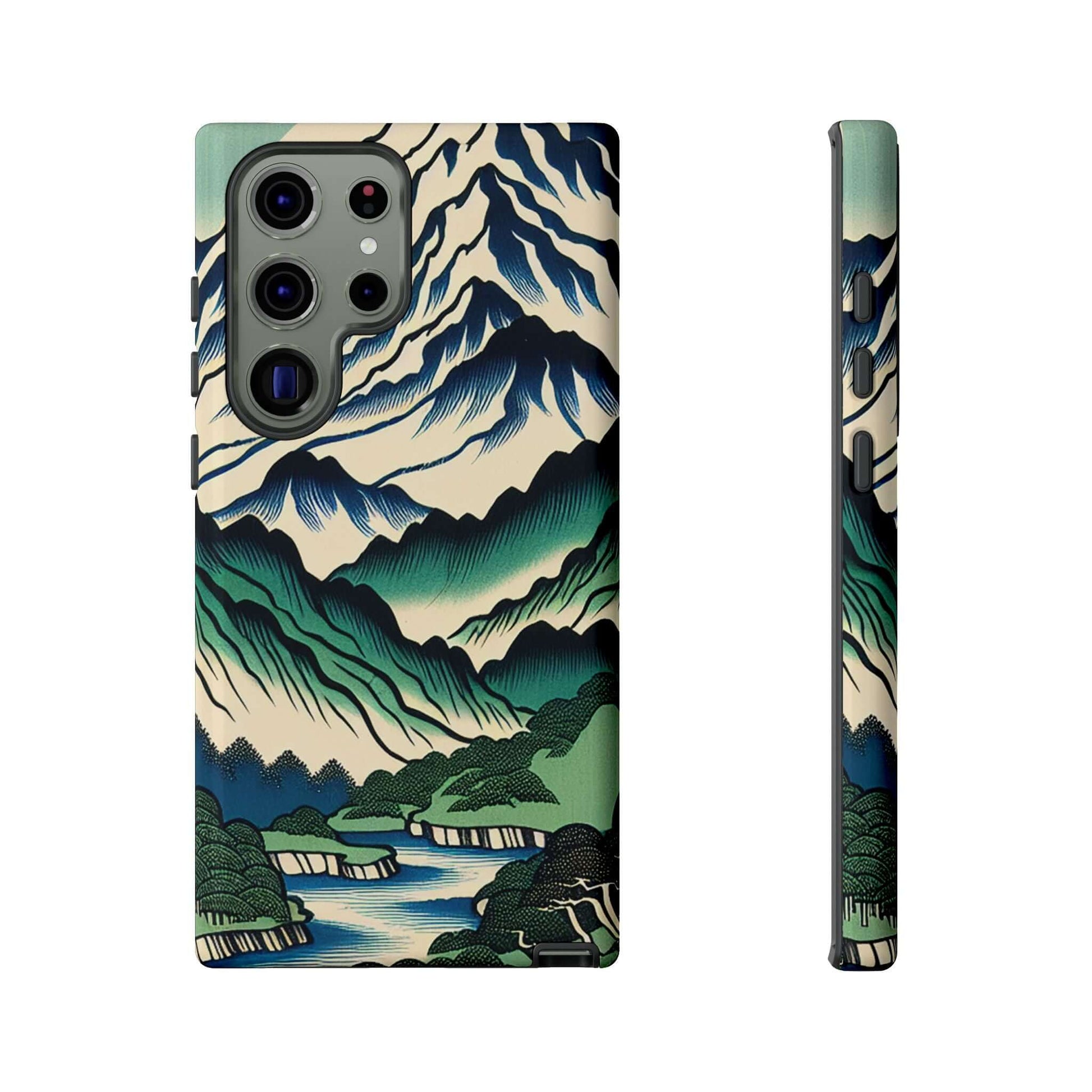 Japanese Mountain Tough Samsung Phone Case featuring stunning mountain and river designs, perfect for outdoor enthusiasts.