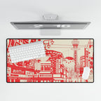 Japanese Cityscape Desk Mat - Red Osaka Street Scene Mouse Pad