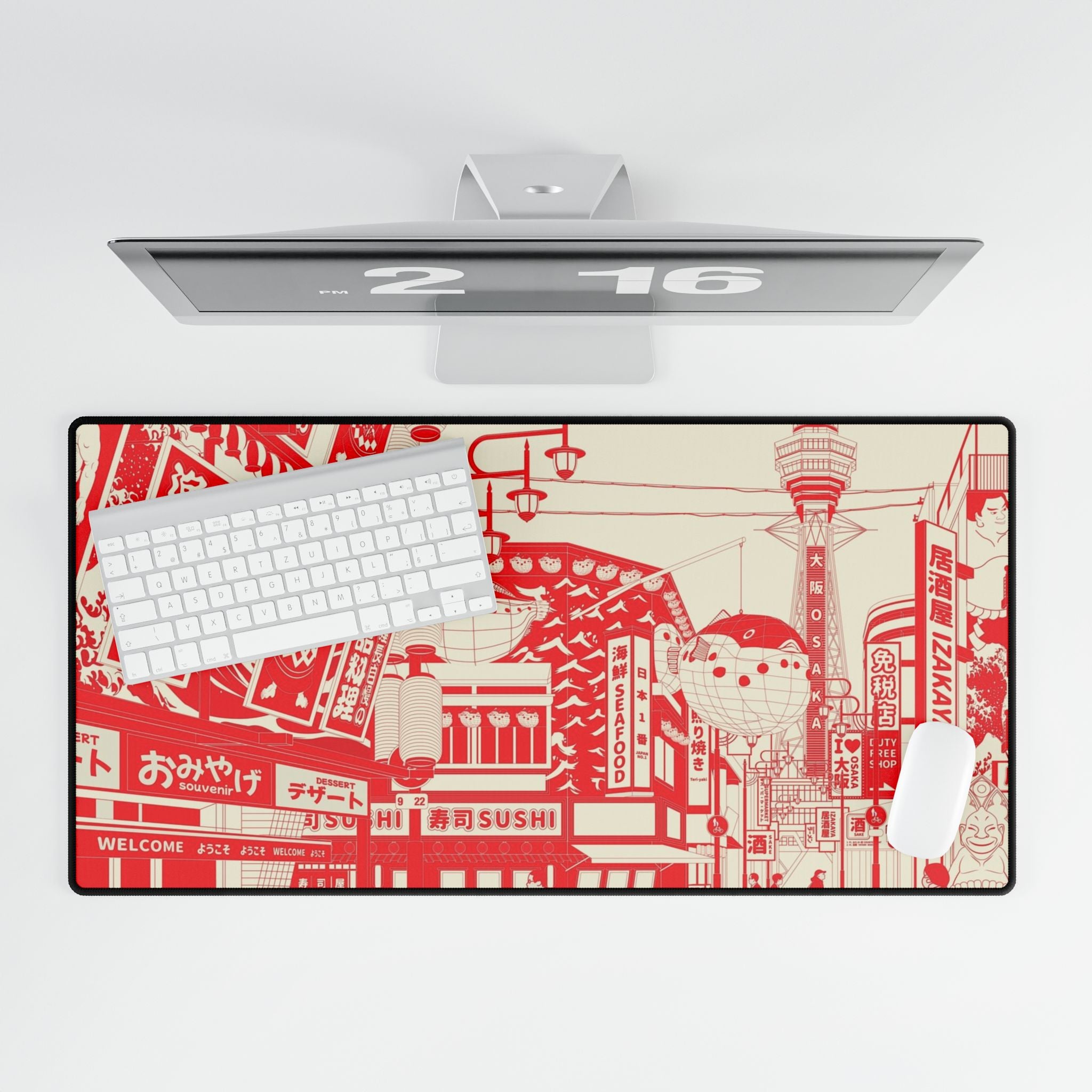 Japanese Cityscape Desk Mat - Red Osaka Street Scene Mouse Pad