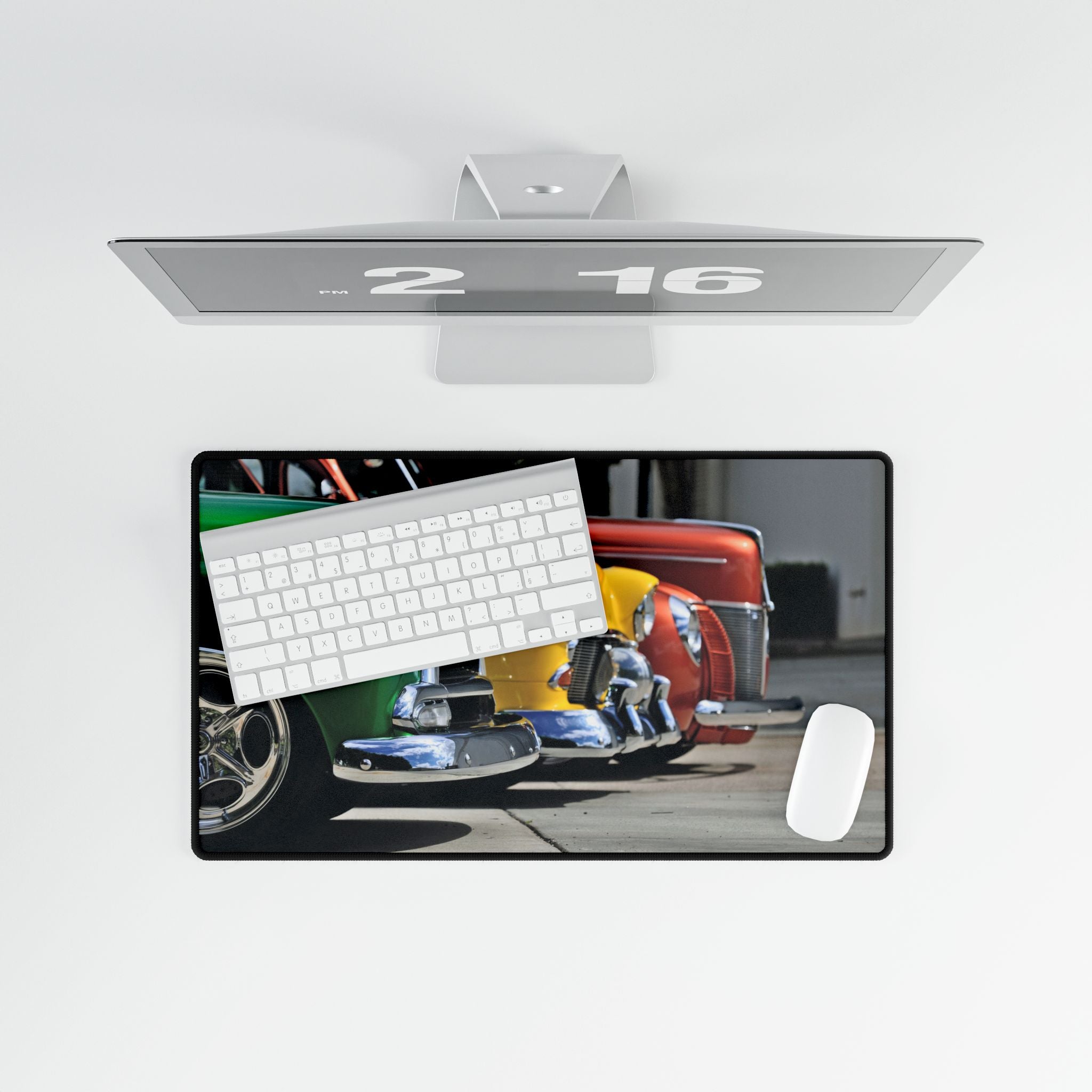 Digital display with a keyboard and car image on a white background