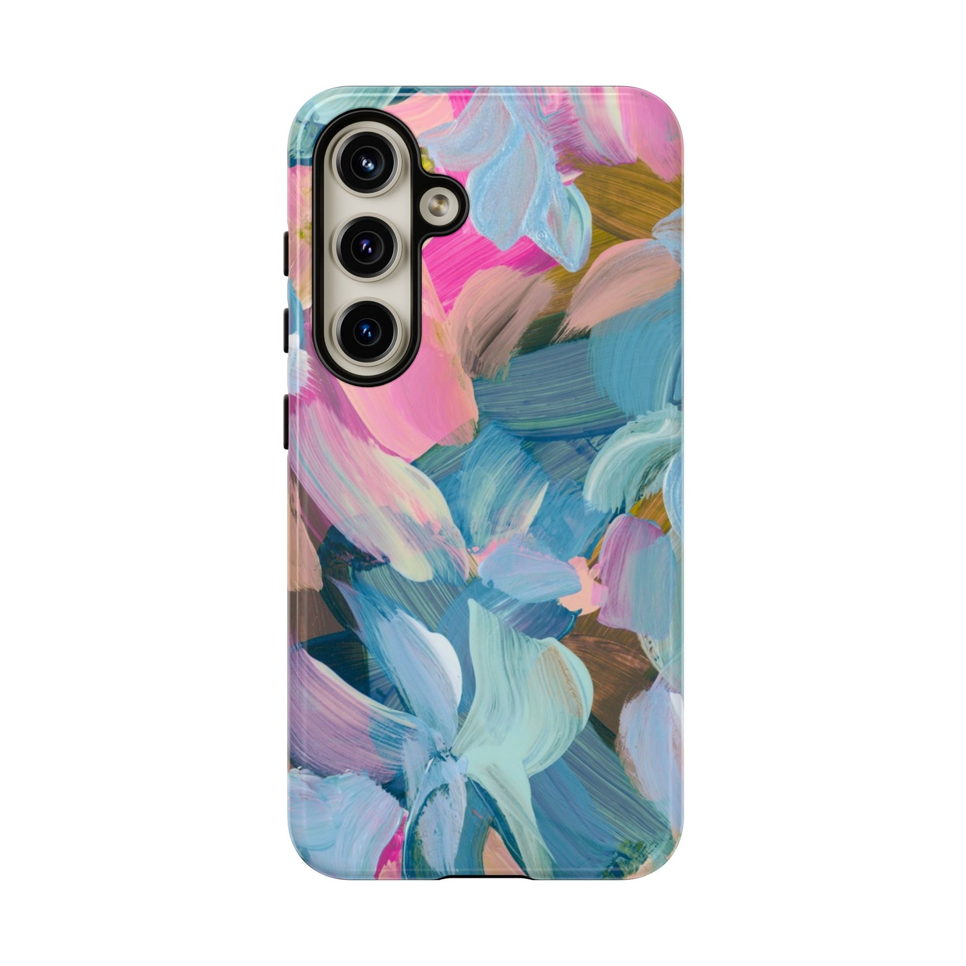Abstract Floral Painting Samsung Phone Case featuring vibrant blue, pink, and green artistic brush strokes.