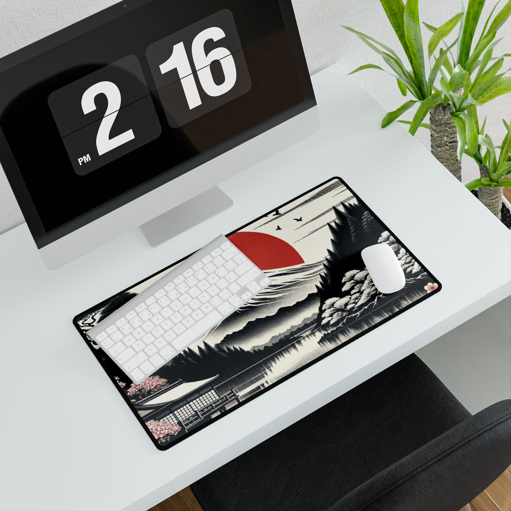 Desk setup with a large desk mat featuring a scenic design, keyboard, mouse, and digital clock.