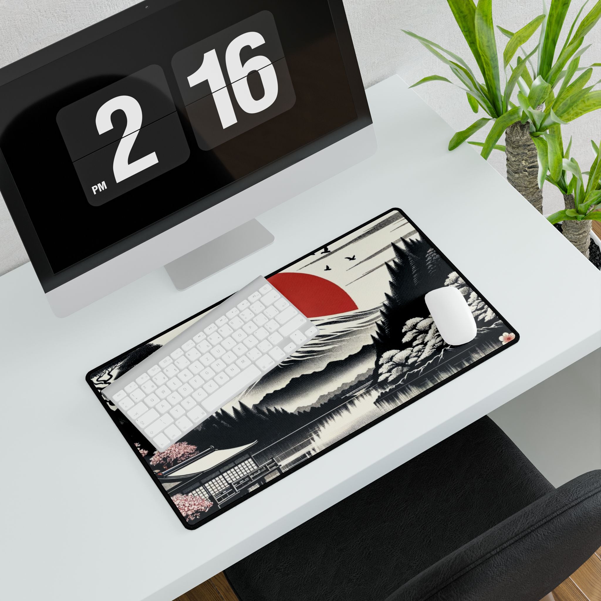 Desk setup with a large desk mat featuring a scenic design, keyboard, mouse, and digital clock.