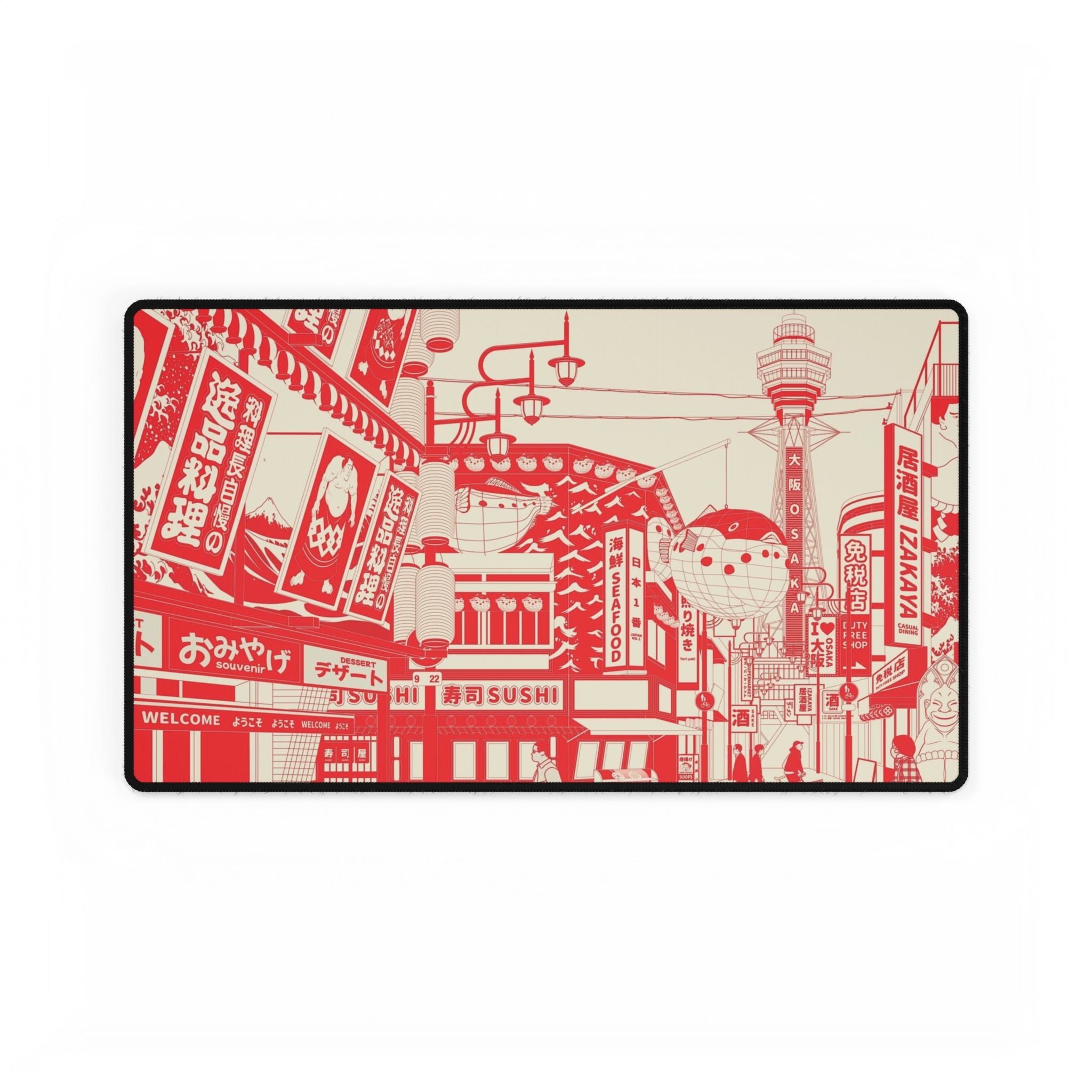Japanese Cityscape Desk Mat - Red Osaka Street Scene Mouse Pad