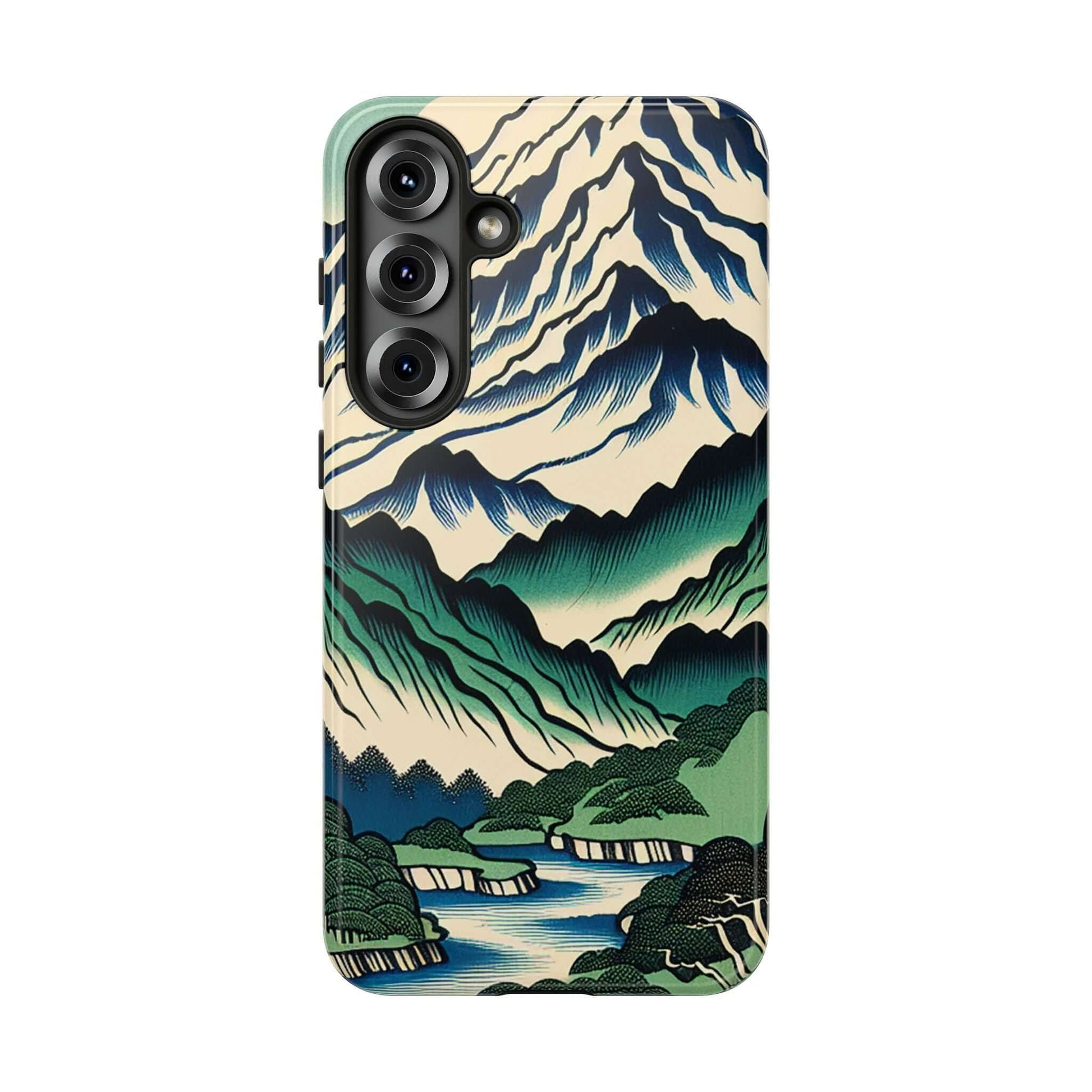 Japanese Mountain Tough Samsung Phone Case featuring intricate mountain and river artwork.