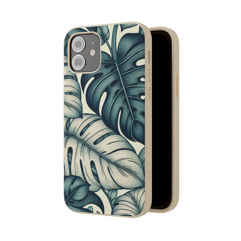 A slightly angled, full-length view of a beige, speckled iPhone case with a teal and blue monstera leaf pattern. The case is open and shown from the side, revealing its smooth brown interior and the dual camera cutout at the top.