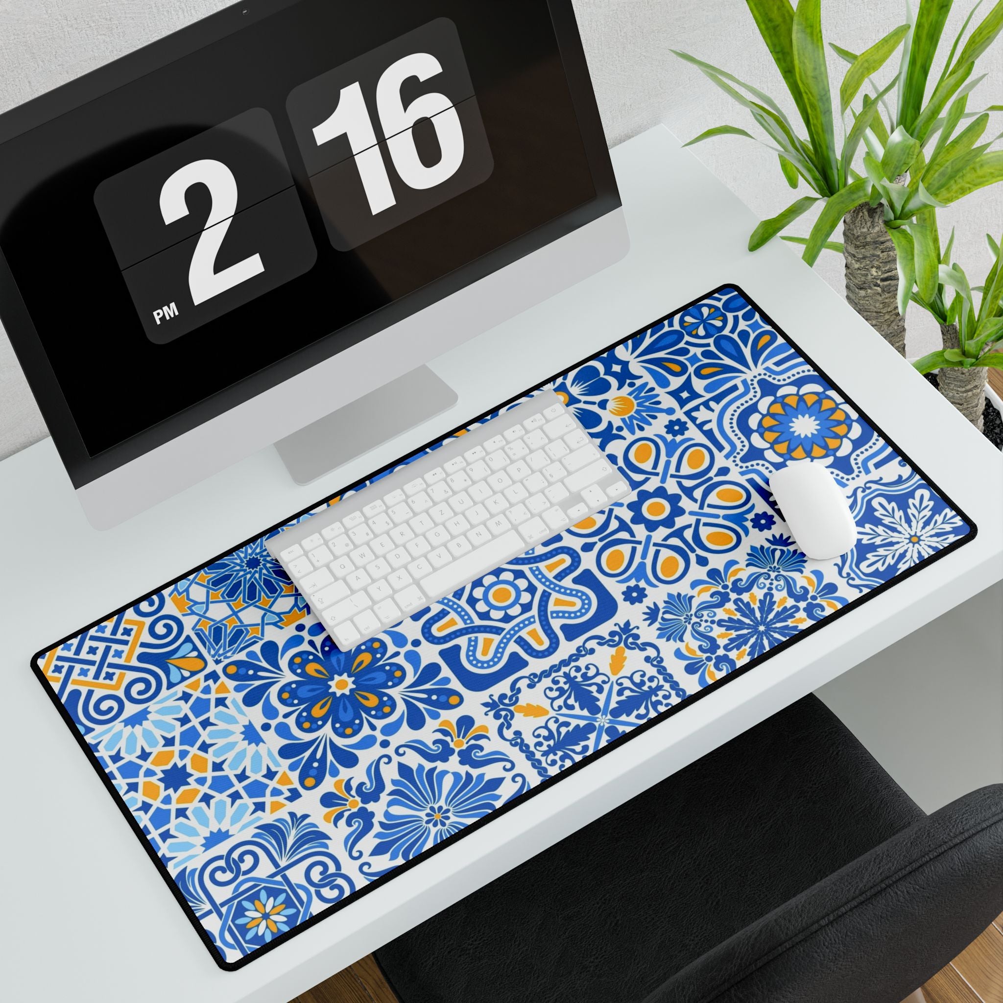 Blue Mediterranean Tile Desk Mat - Large Decorative Mousepad for Home Office