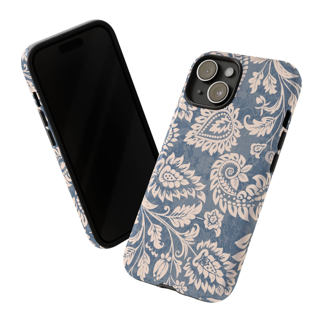 Blue Floral Pattern Tough Phone Case for iPhone 15 models