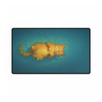 Cat lying on a blue background with a black border