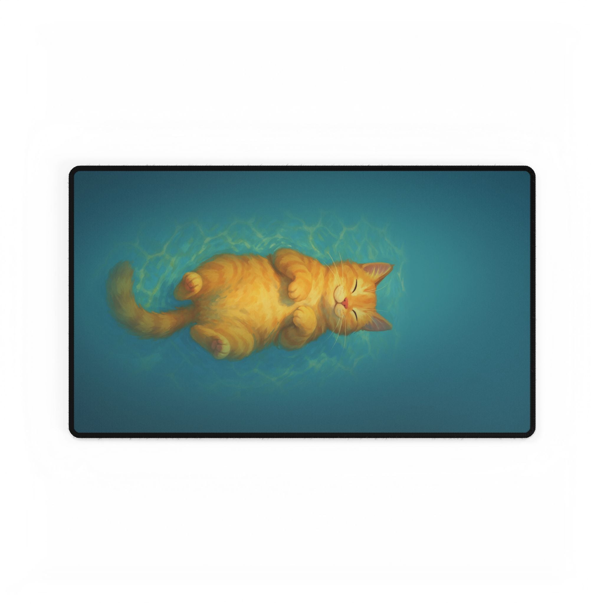 Cat lying on a blue background with a black border