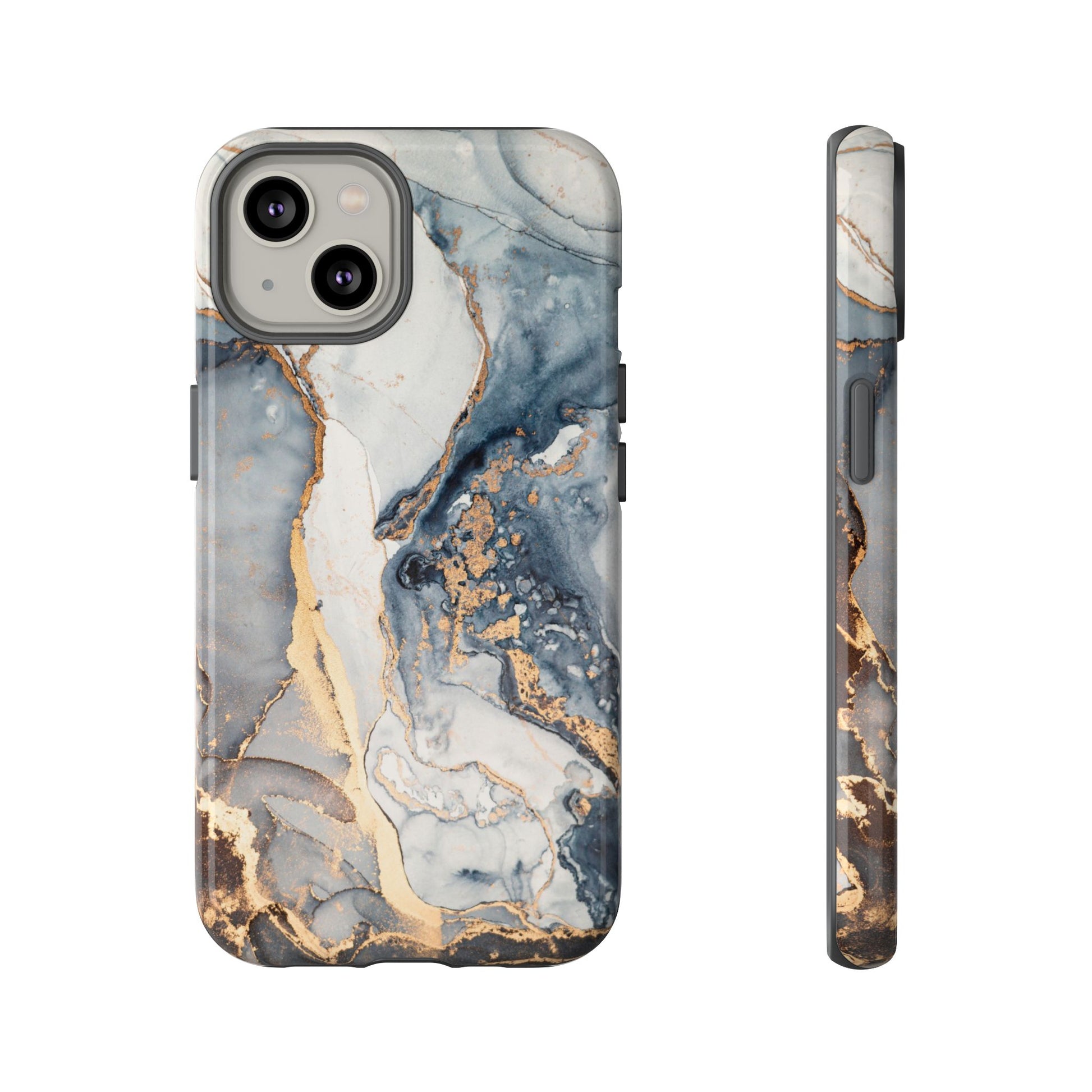 Phone case with a marbled design featuring gold and gray colors on a white background