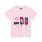 Pink t-shirt with popsicle design featuring American flags on a white background