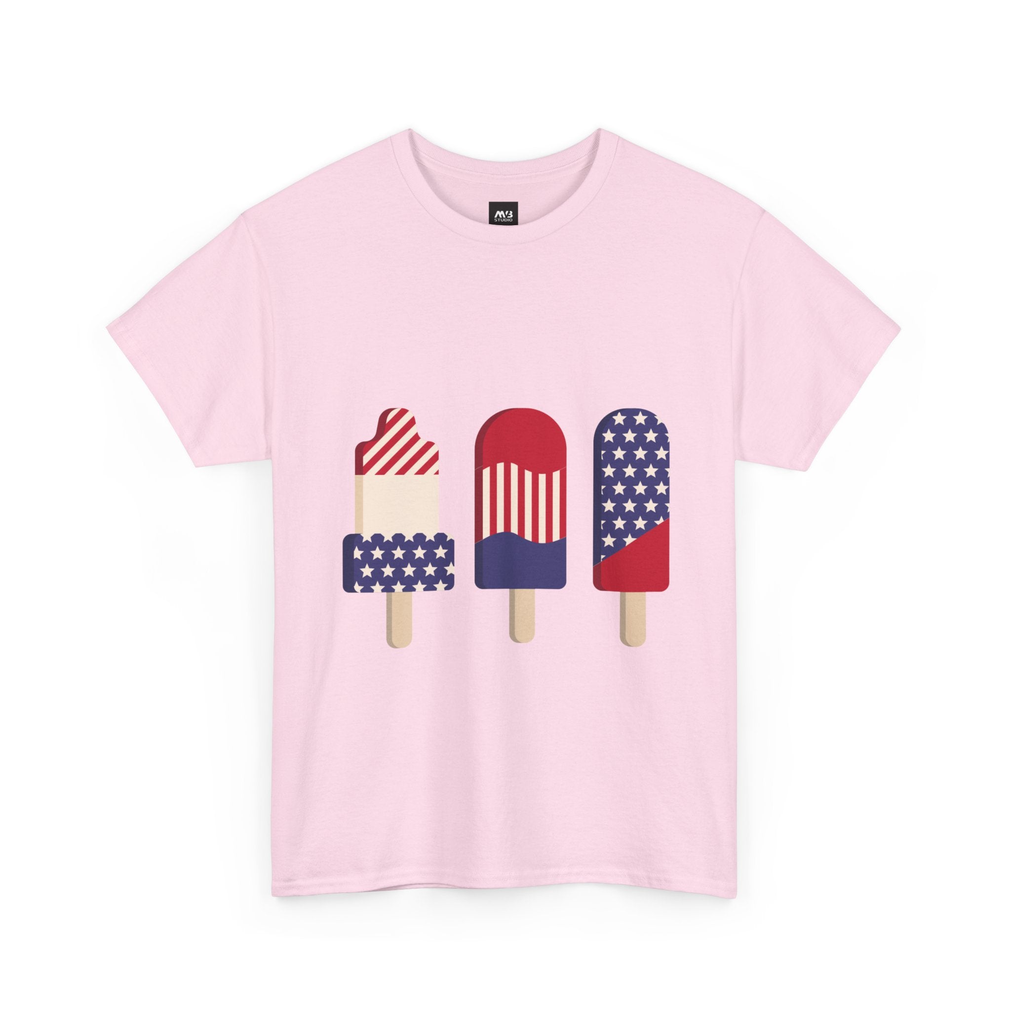 Pink t-shirt with popsicle design featuring American flags on a white background