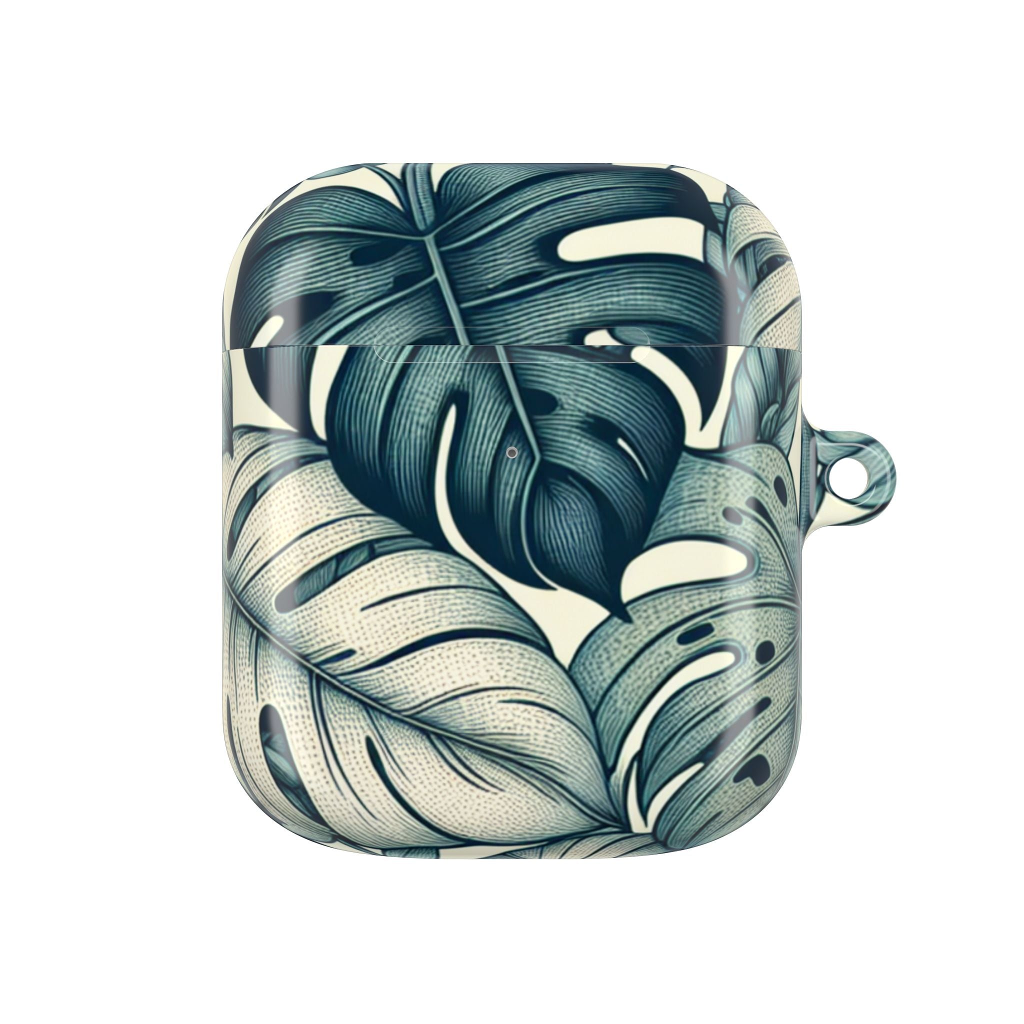 AirPods case with a tropical leaf pattern, featuring large, stylized green and cream monstera leaves. The case is closed.