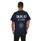 Person wearing a navy blue t-shirt with 'IKIGAI' printed on the back against a white background