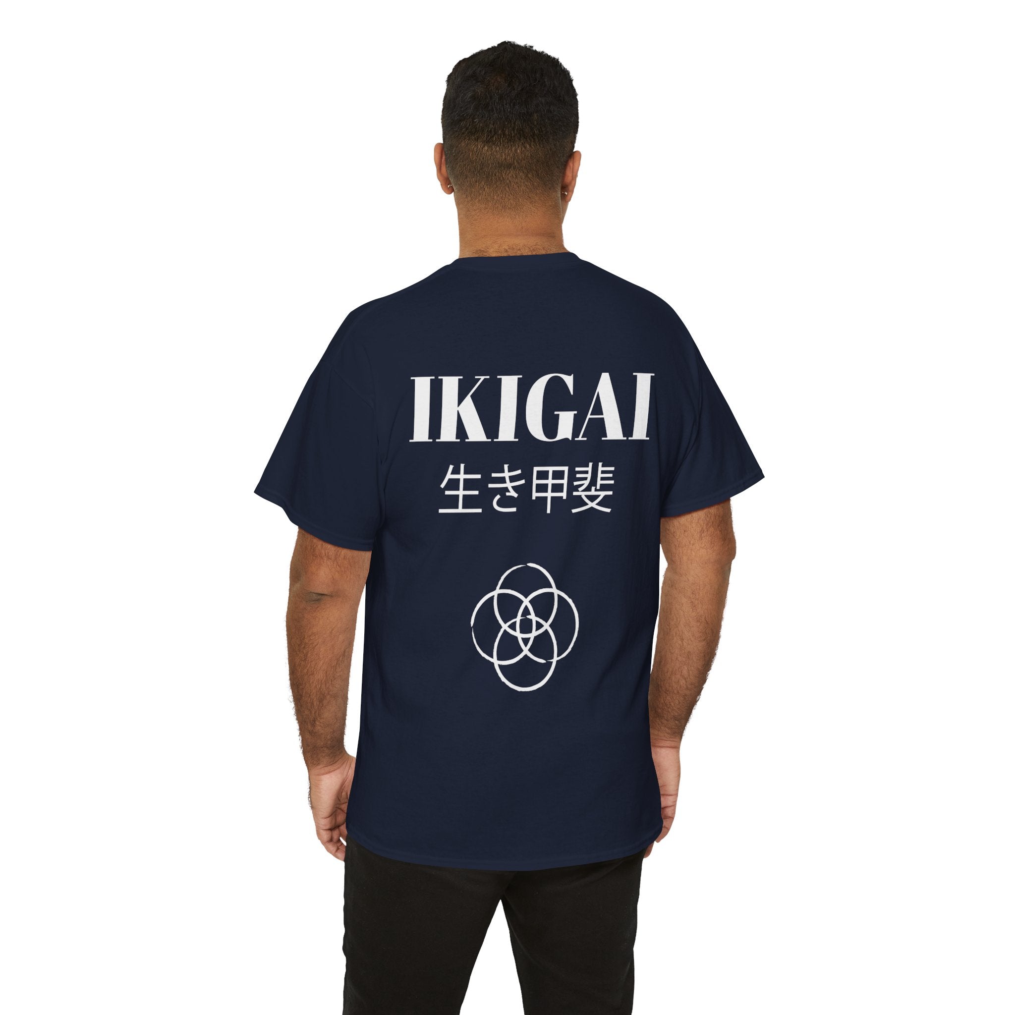Person wearing a navy blue t-shirt with 'IKIGAI' printed on the back against a white background
