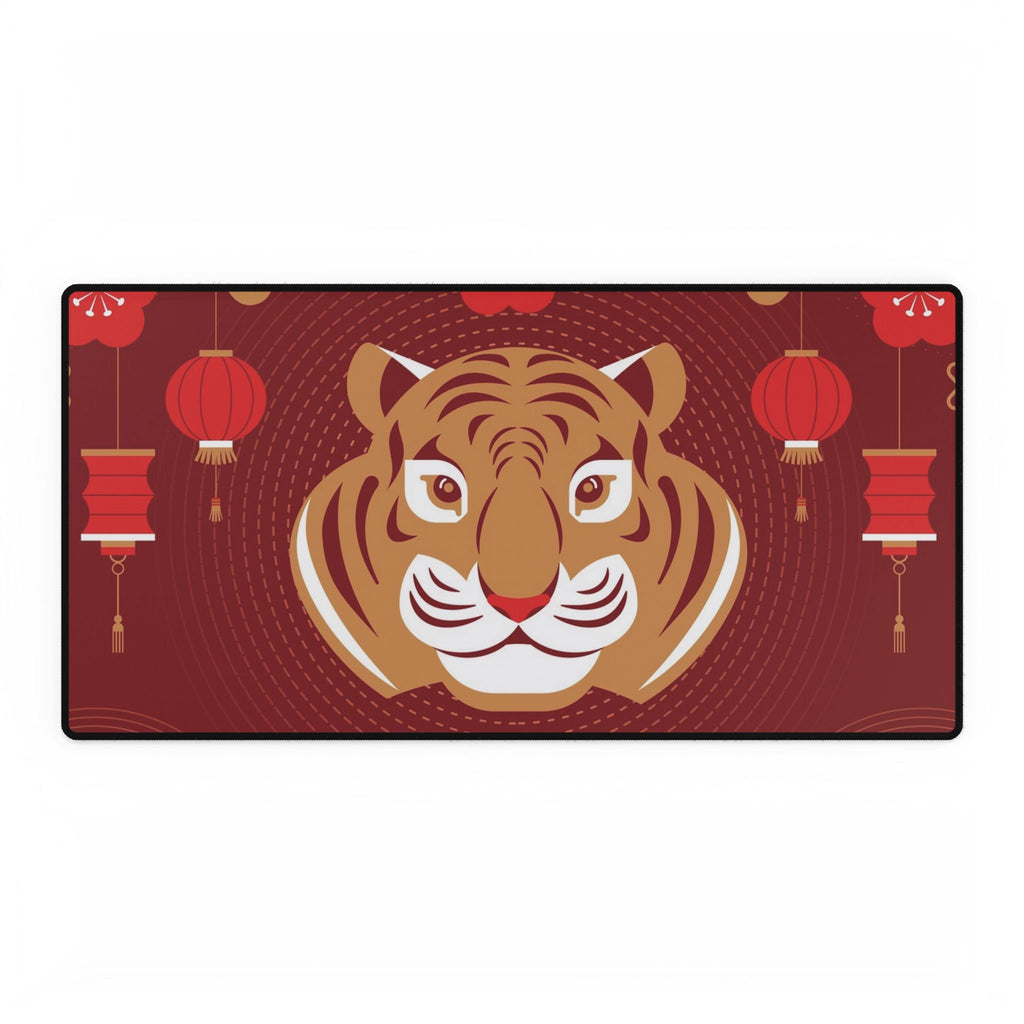 Decorative mat with a tiger design and red lanterns on a red background