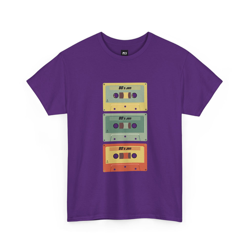 80's Jam Cassette Tape T-shirt featuring colorful cassette design on a purple shirt.