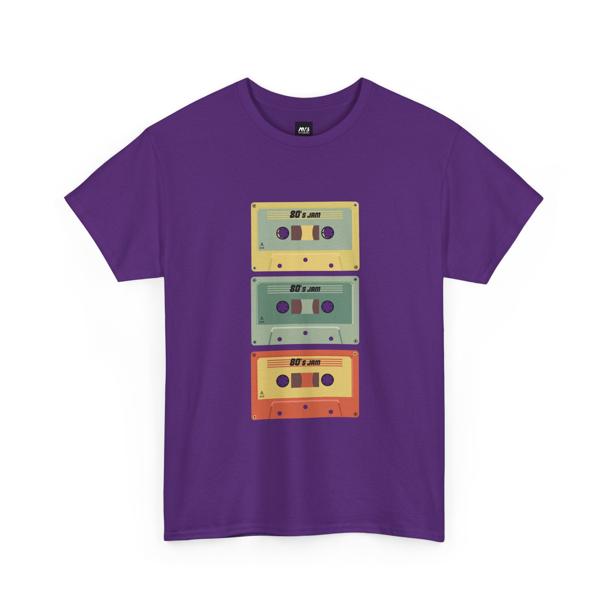 80's Jam Cassette Tape T-shirt featuring colorful cassette design on a purple shirt.