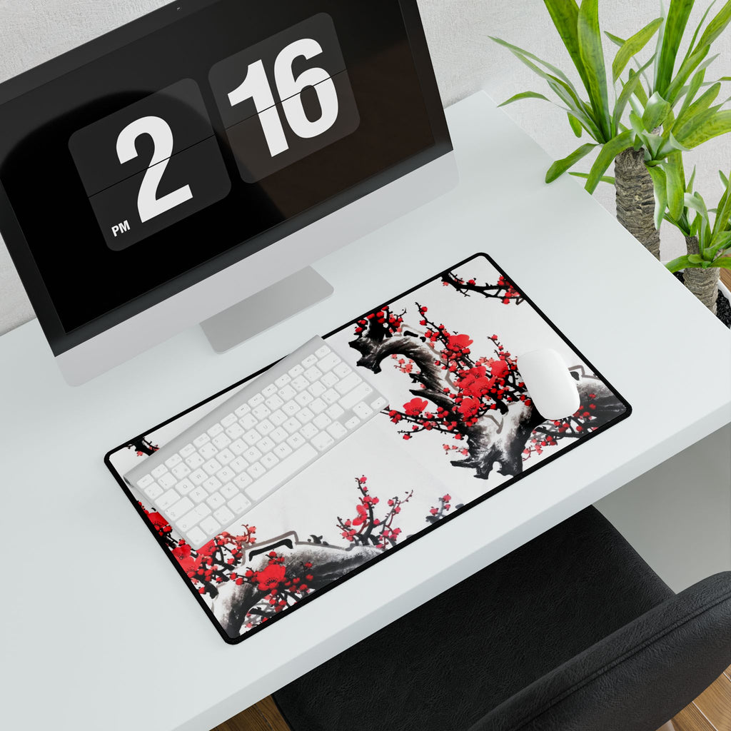 Cherry Blossom Desk Mat - Red Plum Floral Gaming/Office Mousepad