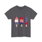 Gray t-shirt with red, white, and blue popsicle graphic on a white background