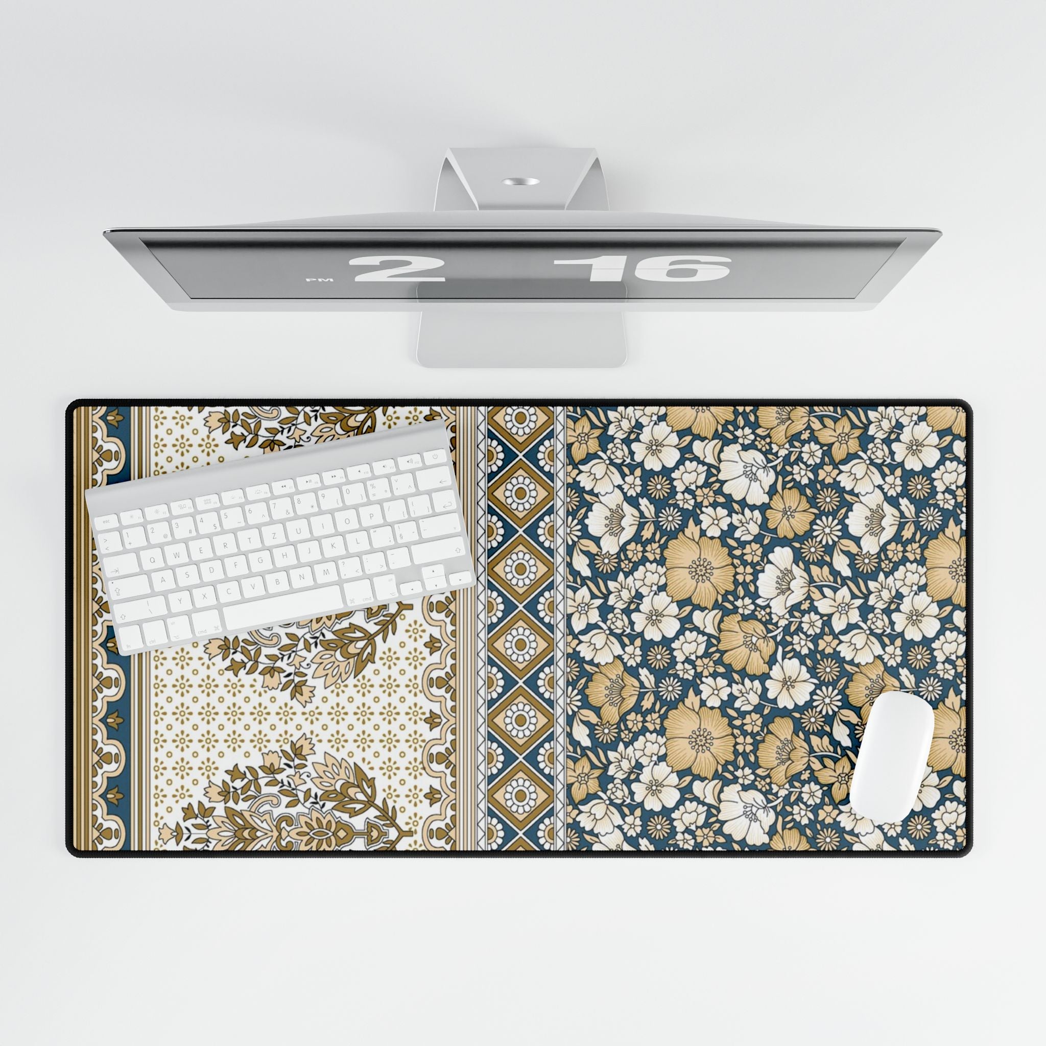 Floral Vintage Patchwork Desk Mat - Blue & Gold Ornamental Mouse Pad