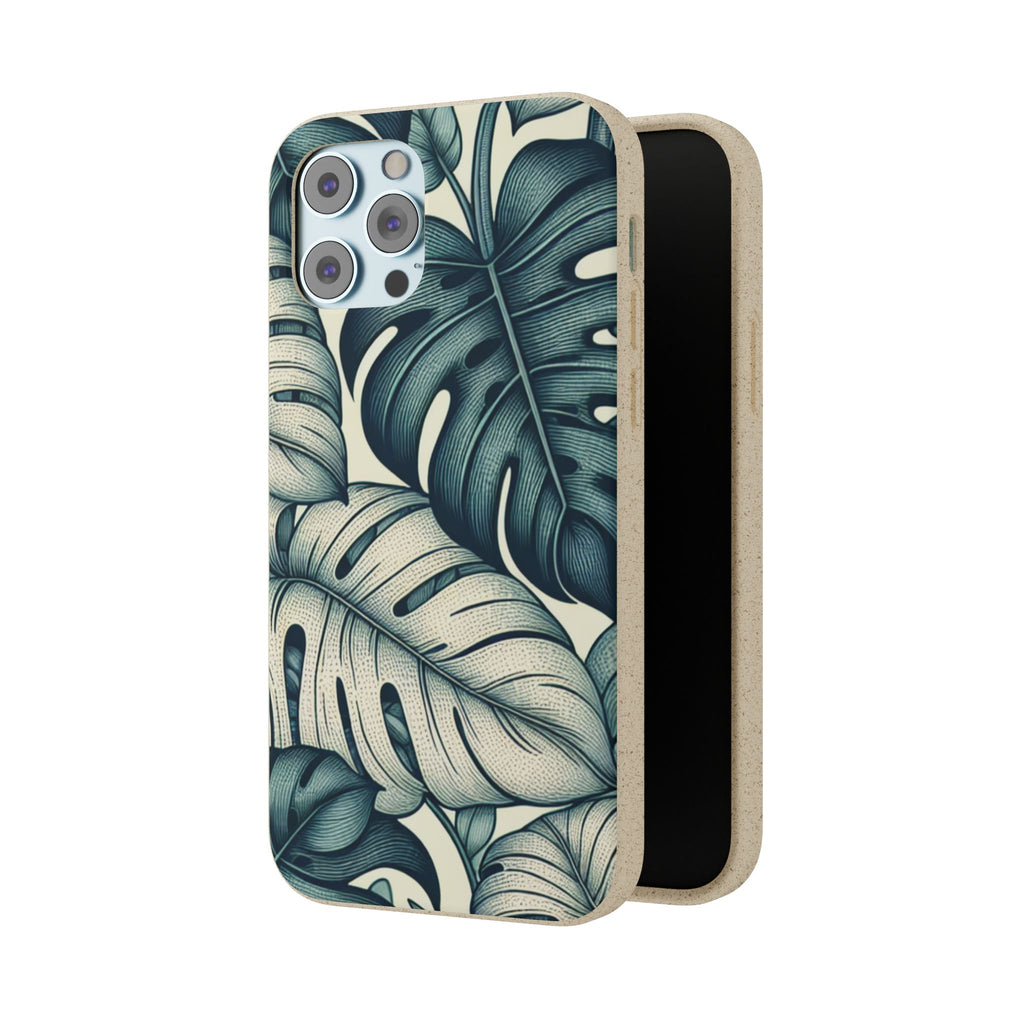 A slightly angled, full-length view of a beige, speckled iPhone case with a teal and blue monstera leaf pattern. The case is open and shown from the side, revealing its smooth brown interior and the quad camera cutout at the top.