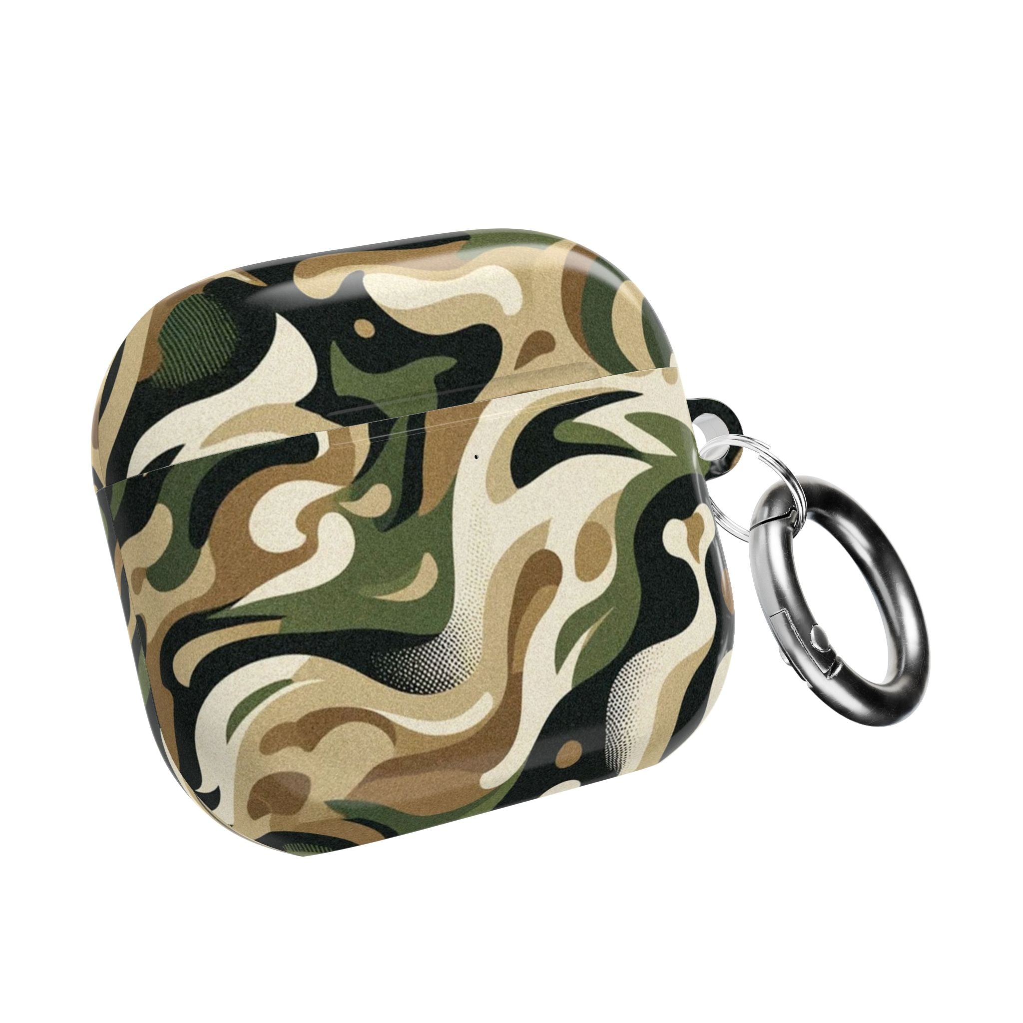 Camouflage-patterned case with a keyring on a white background