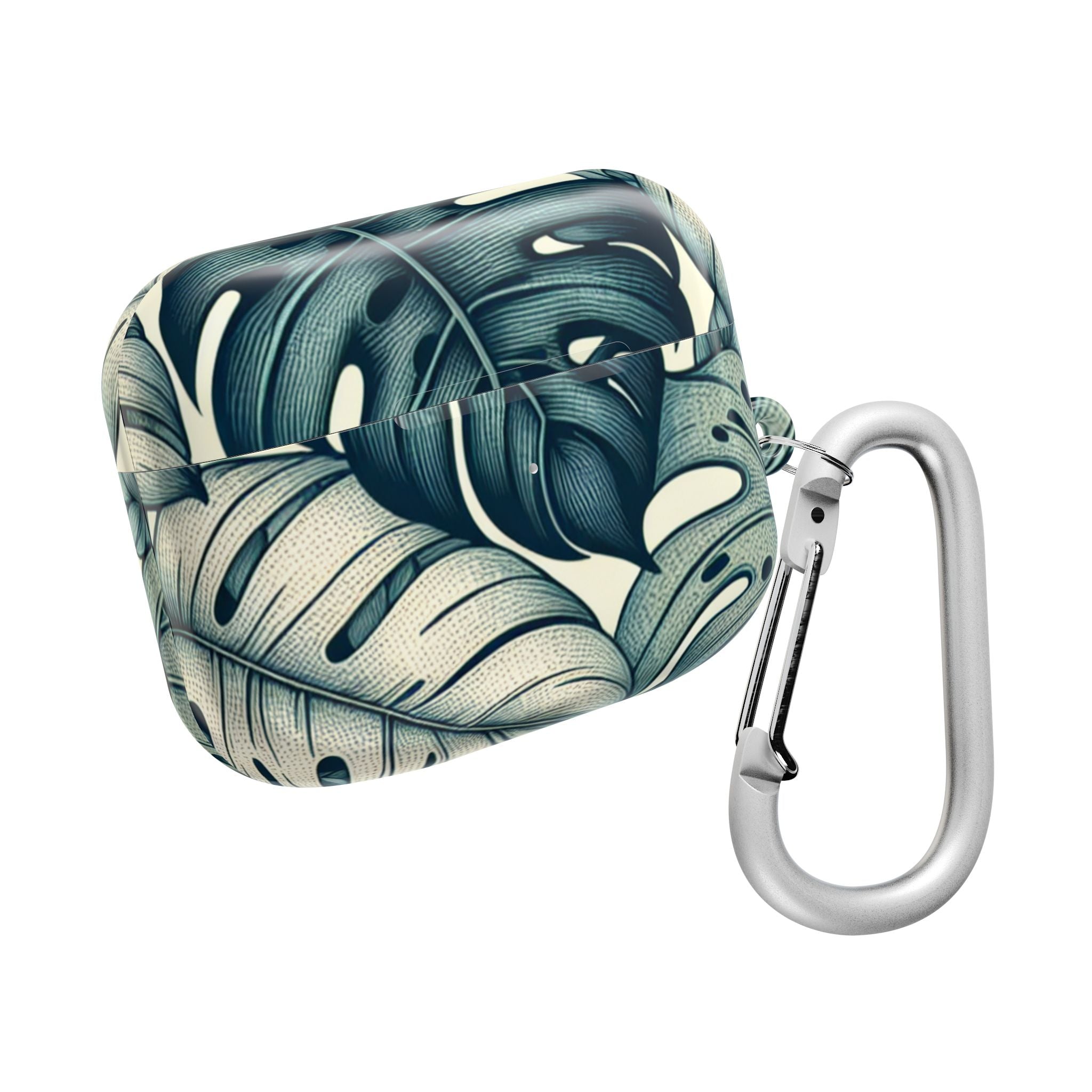 AirPods Pro case with a tropical leaf pattern, featuring large, stylized green and cream monstera leaves. The case is closed and a large silver metal carabiner clip is attached to the side loop.