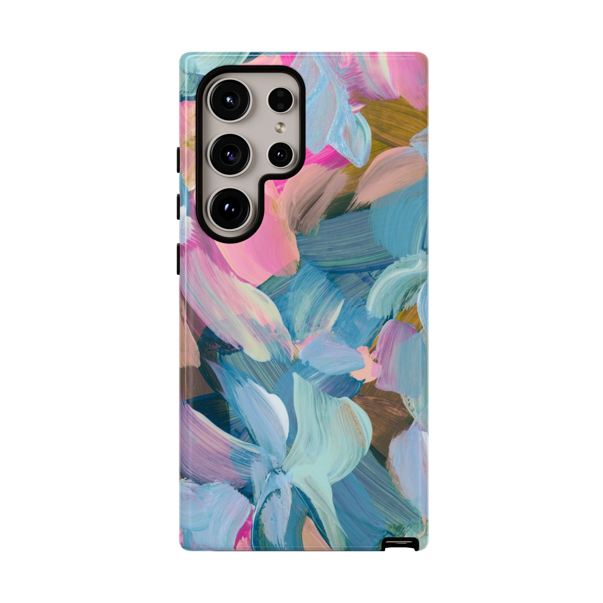 Vibrant abstract floral painting Samsung phone case with pastel colors and artistic brush strokes.