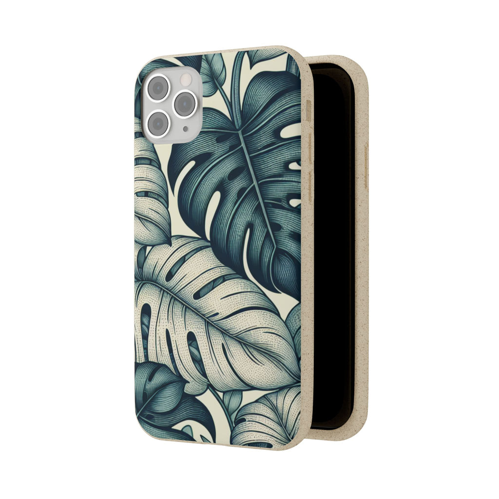 A slightly angled view of a beige, speckled iPhone case with a teal and blue monstera leaf pattern. The case is open, revealing its smooth brown interior and the triple camera cutout at the top.