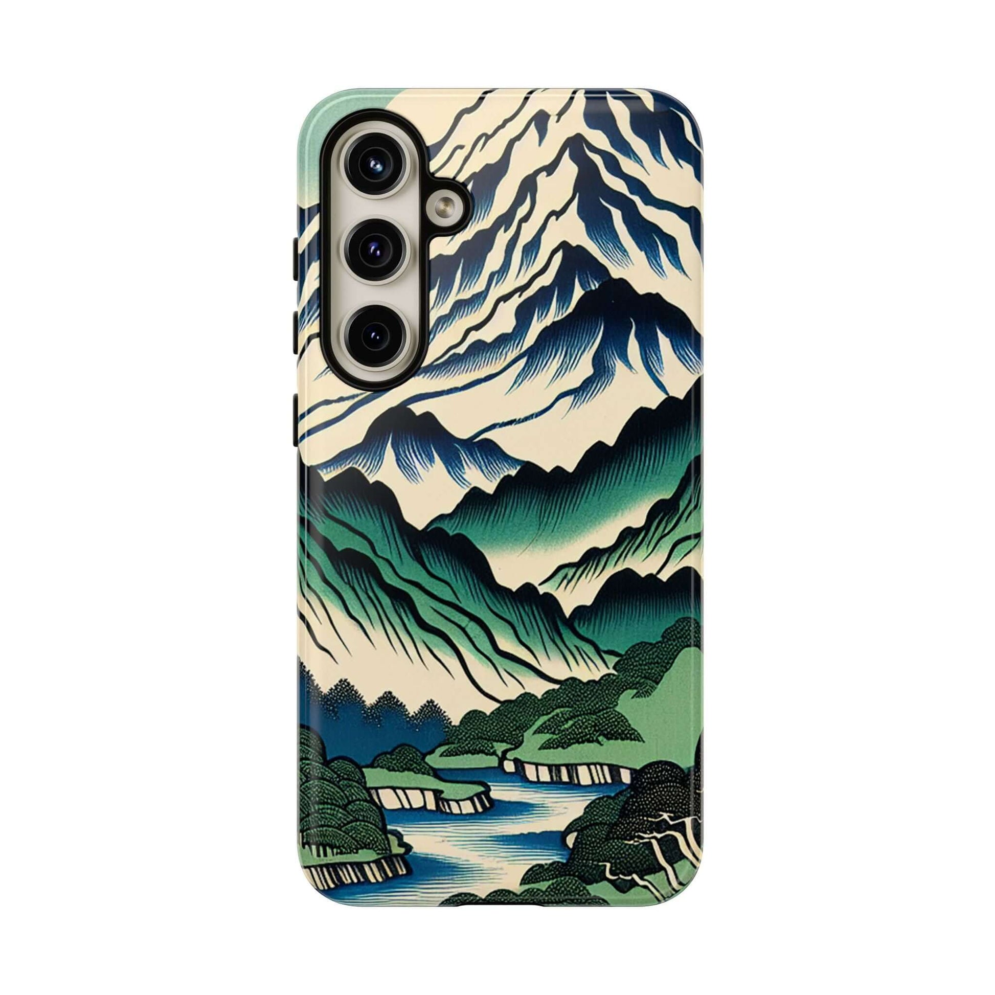 Japanese Mountain Tough Samsung Phone Case featuring scenic mountain and river design.