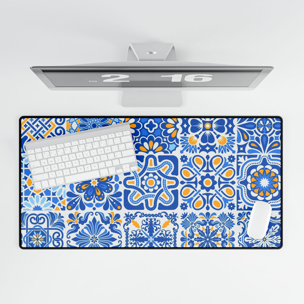 Blue Mediterranean Tile Desk Mat - Large Decorative Mousepad for Home Office