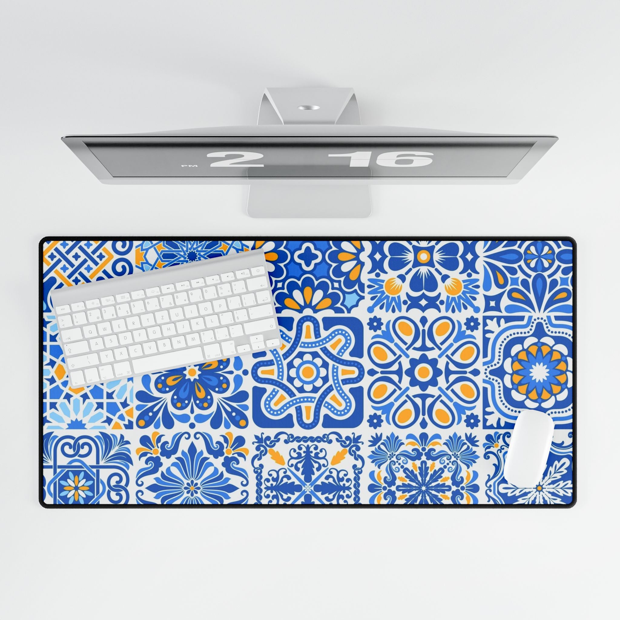 Blue Mediterranean Tile Desk Mat - Large Decorative Mousepad for Home Office
