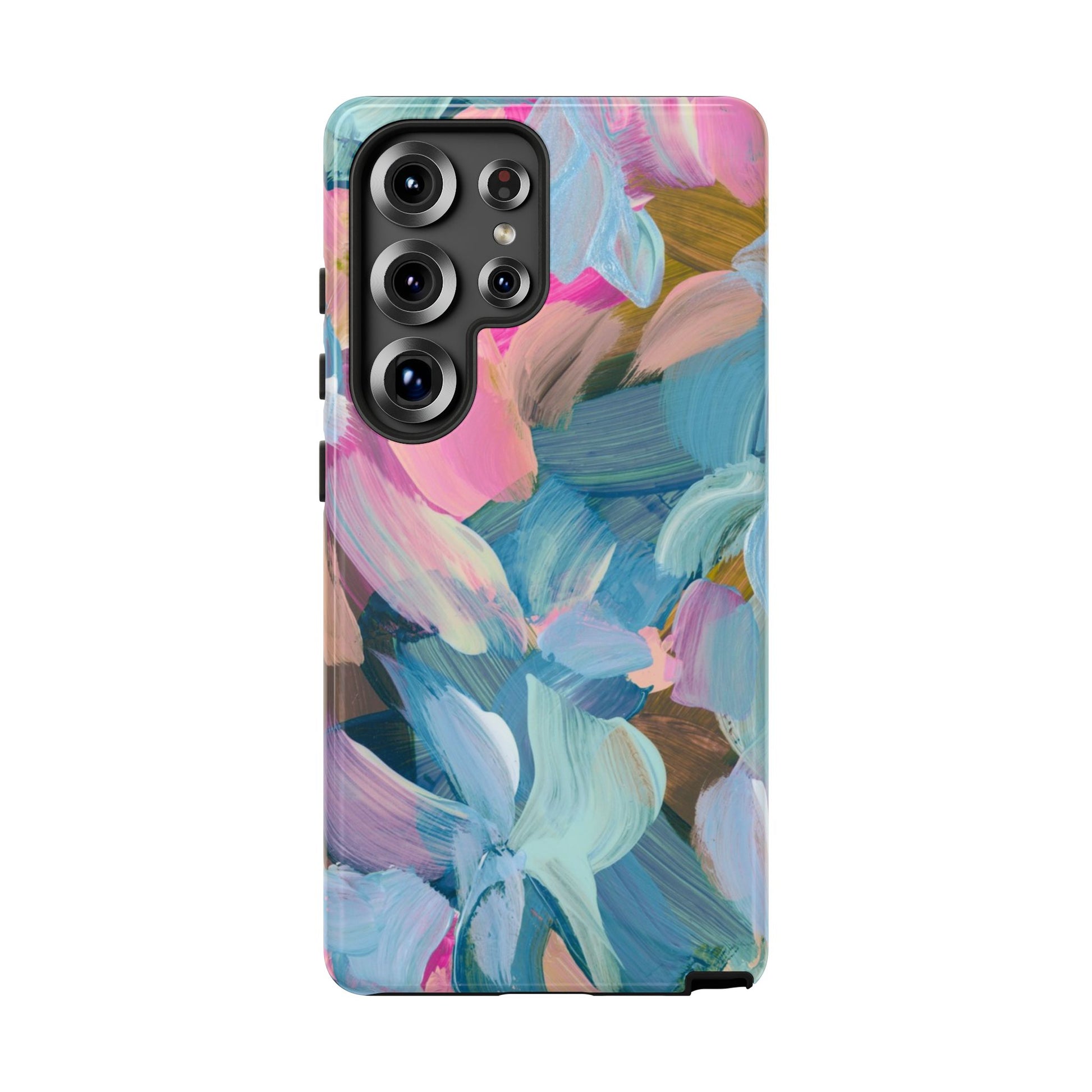 Vibrant abstract floral painting Samsung phone case with pastel blue, pink, and green colors, perfect for stylish accessories.