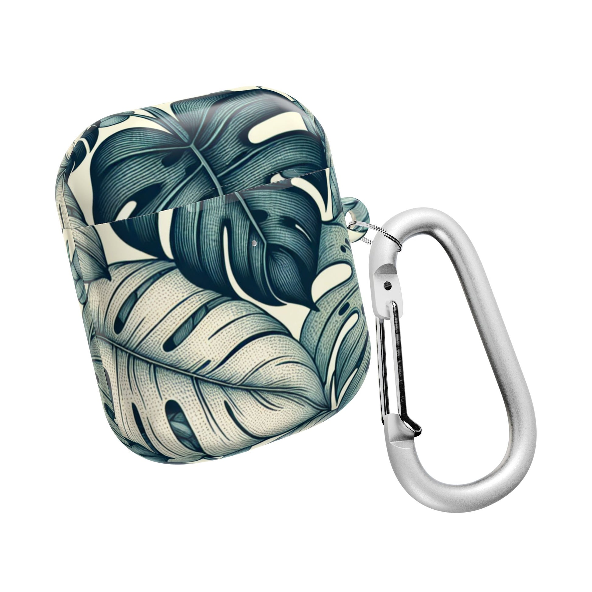Closed AirPods case with a modern tropical leaf motif in muted blue and light ivory, complete with a silver carabiner clip for easy attachment.