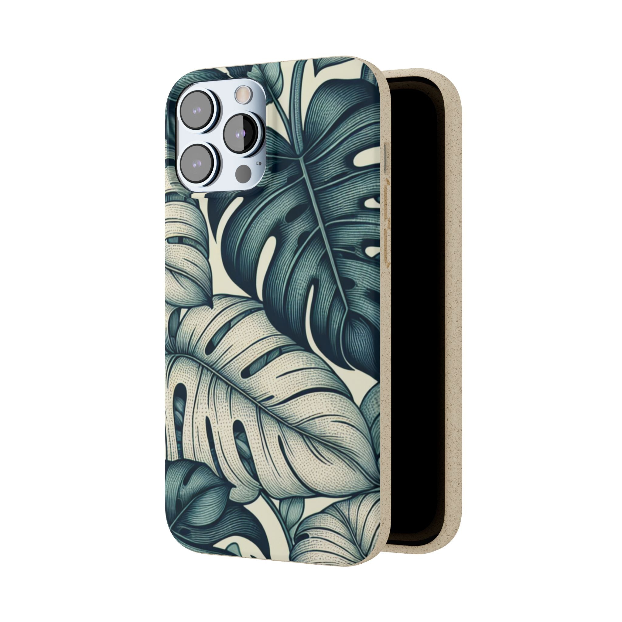 A slightly angled view of a beige, speckled iPhone case with a teal and blue monstera leaf pattern. The case is open, revealing its smooth brown interior and the triple camera cutout at the top.