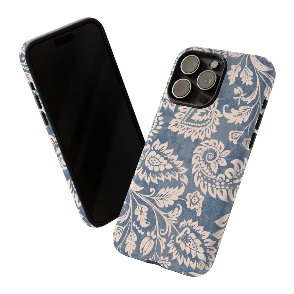 Blue Floral Pattern Tough Phone Case for iPhone 15 models