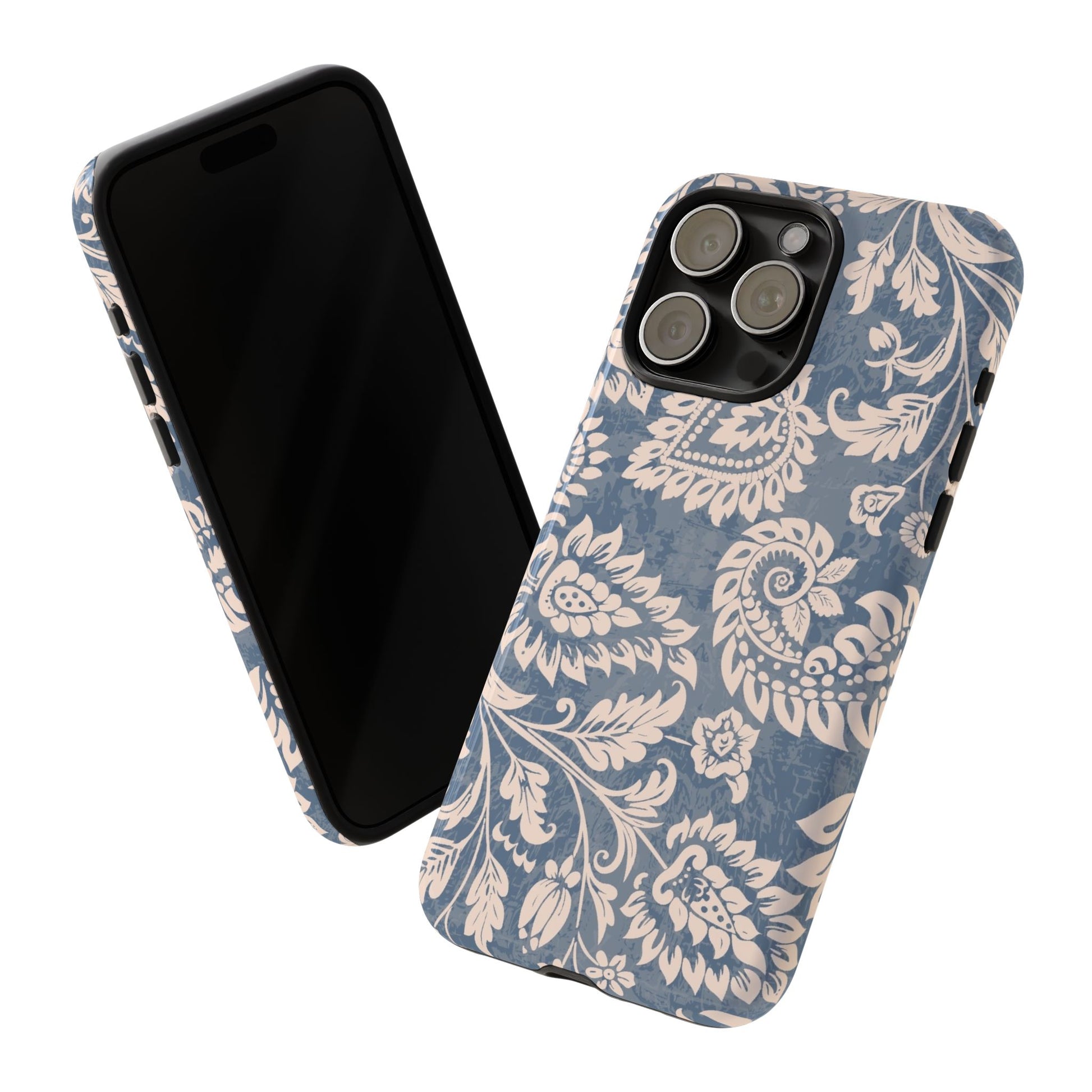 Blue Floral Pattern Tough Phone Case for iPhone 15 models
