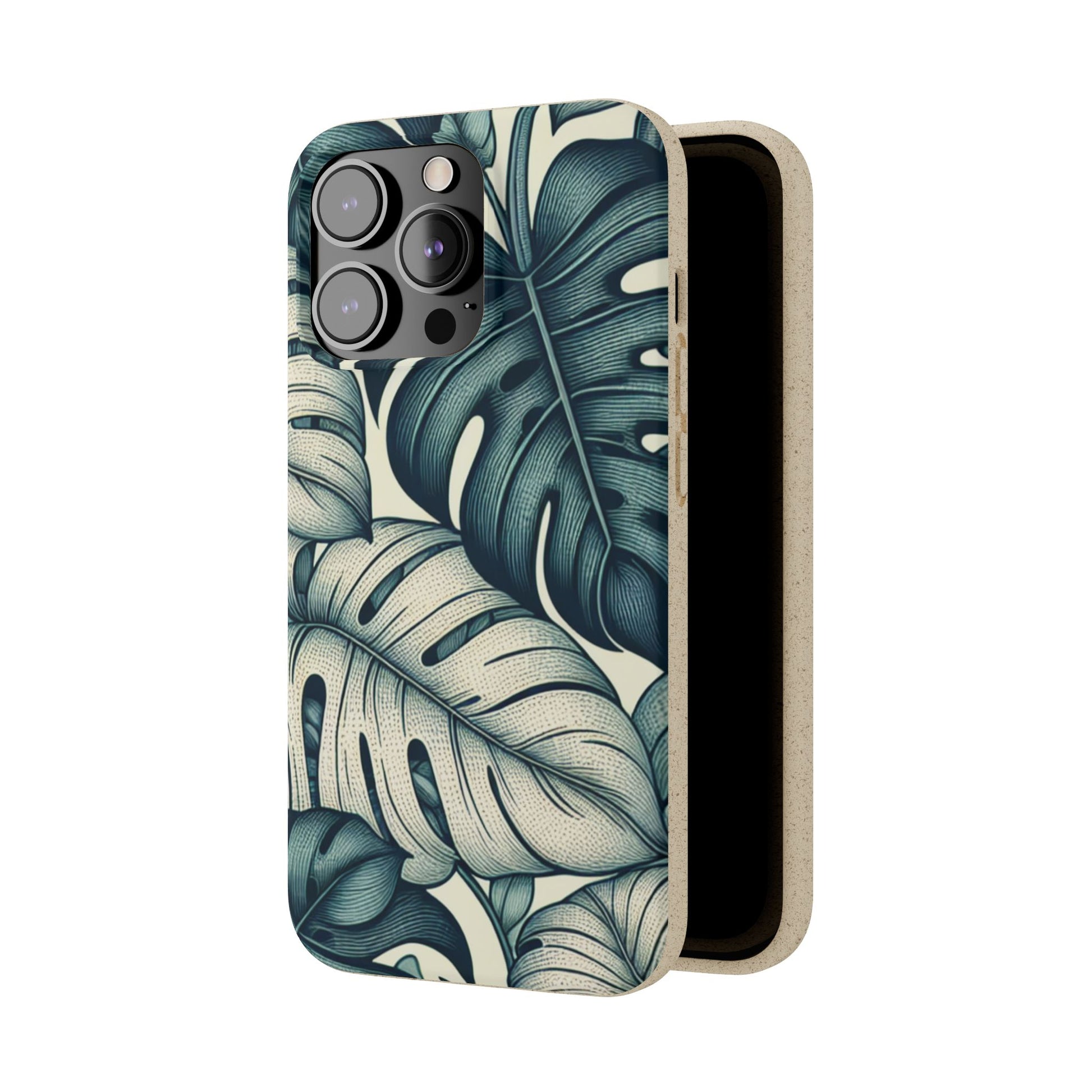 A slightly angled, full-length view of a beige, speckled iPhone case with a teal and blue monstera leaf pattern. The case is open and shown from the side, revealing its smooth brown interior and the triple camera cutout at the top.