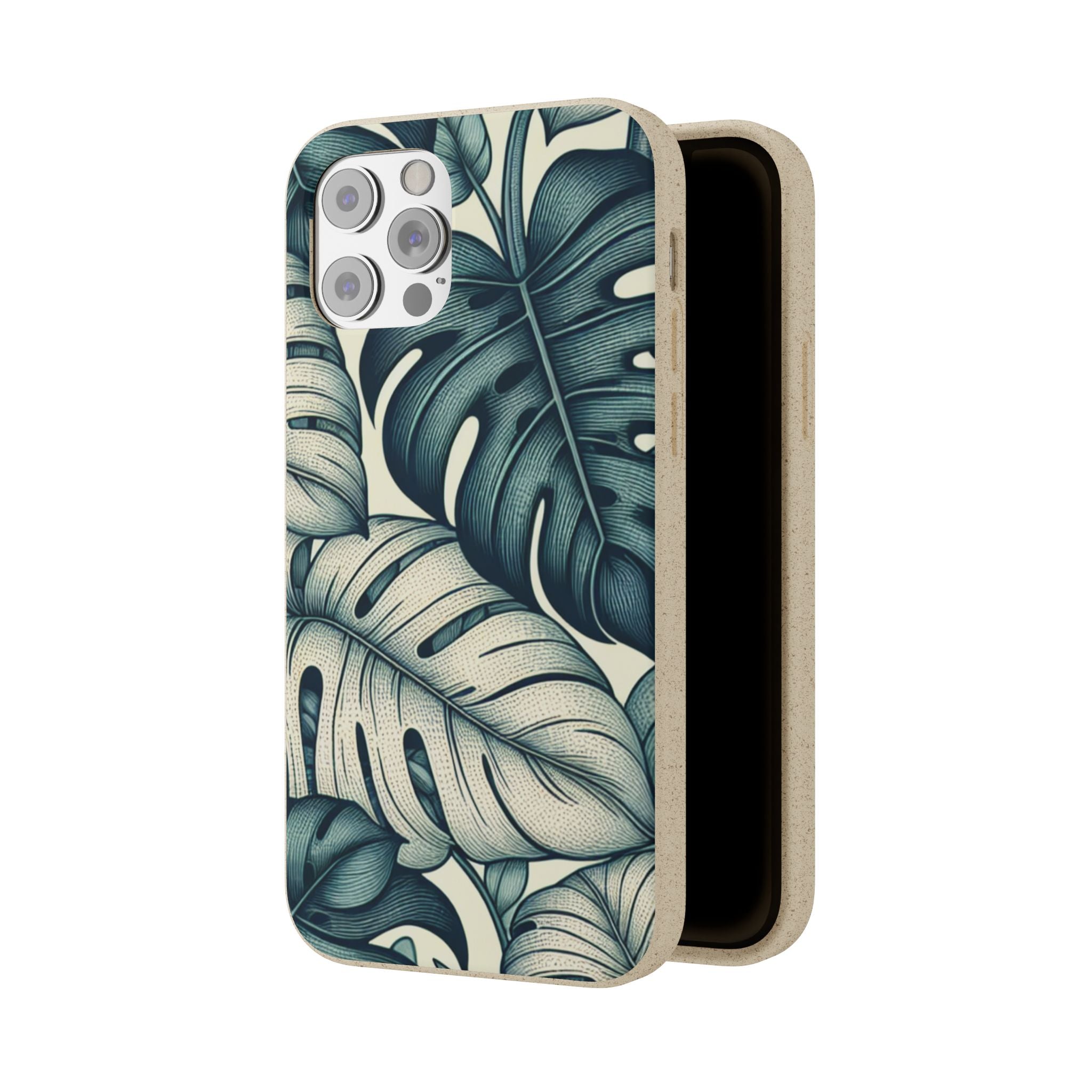 A slightly angled view of an open beige, speckled iPhone case with a teal and blue monstera leaf pattern. The case is shown from the side, revealing its smooth brown interior and the triple camera cutout at the top.
