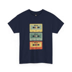 80's Jam Cassette Tape T-shirt featuring a graphic of colorful cassette tapes on a navy background.